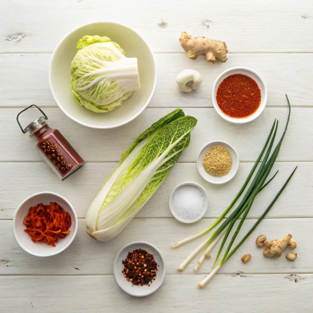 Flat lay of homemade kimchi ingredients
