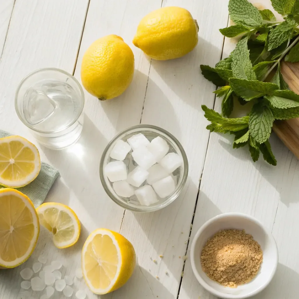 Homemade Lemonade with Fresh Lemons 6 Flat lay of homemade lemonade ingredients with fresh lemons