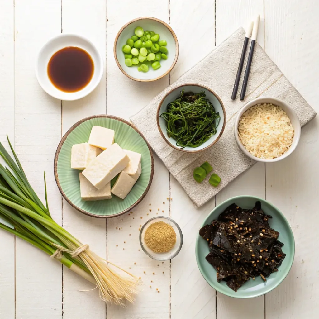 Flat lay of homemade miso soup ingredients