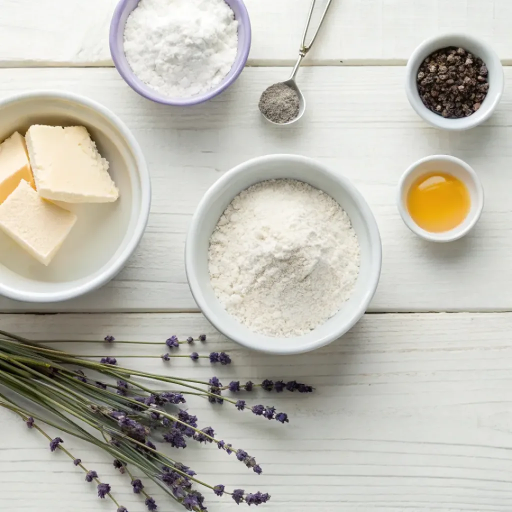 Flat lay of flour, butter, sugar, vanilla, and dried lavender for shortbread cookies