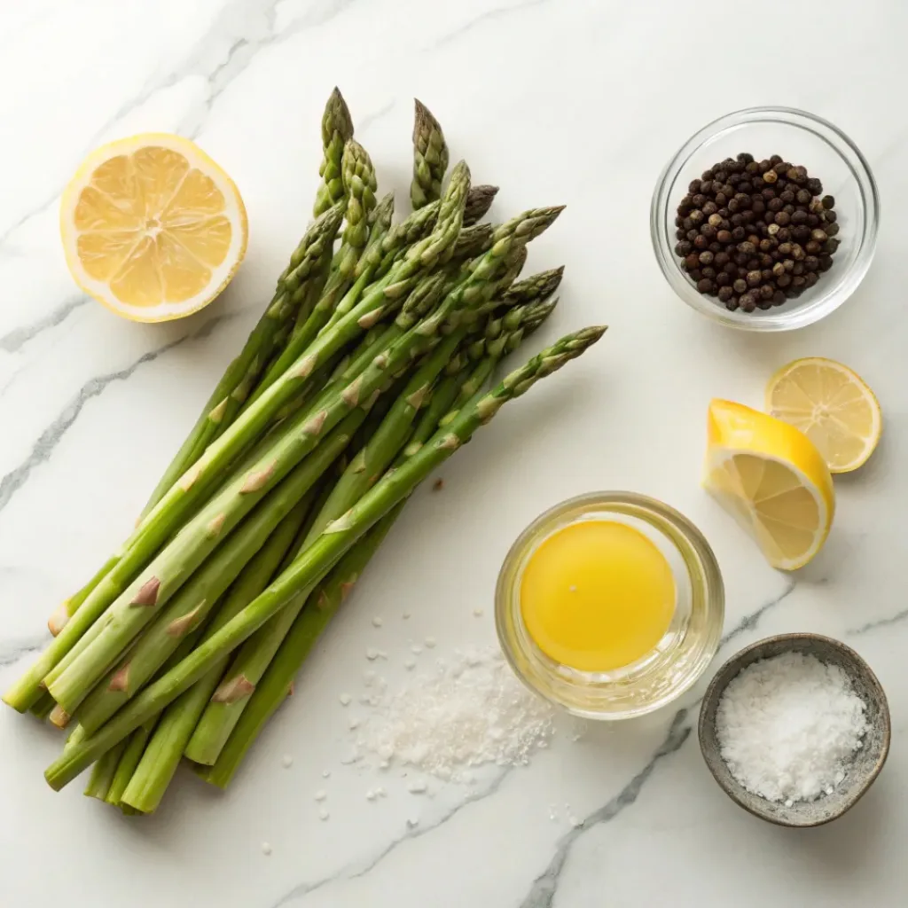 Asparagus, melted butter, lemon, salt, and pepper on marble surface
