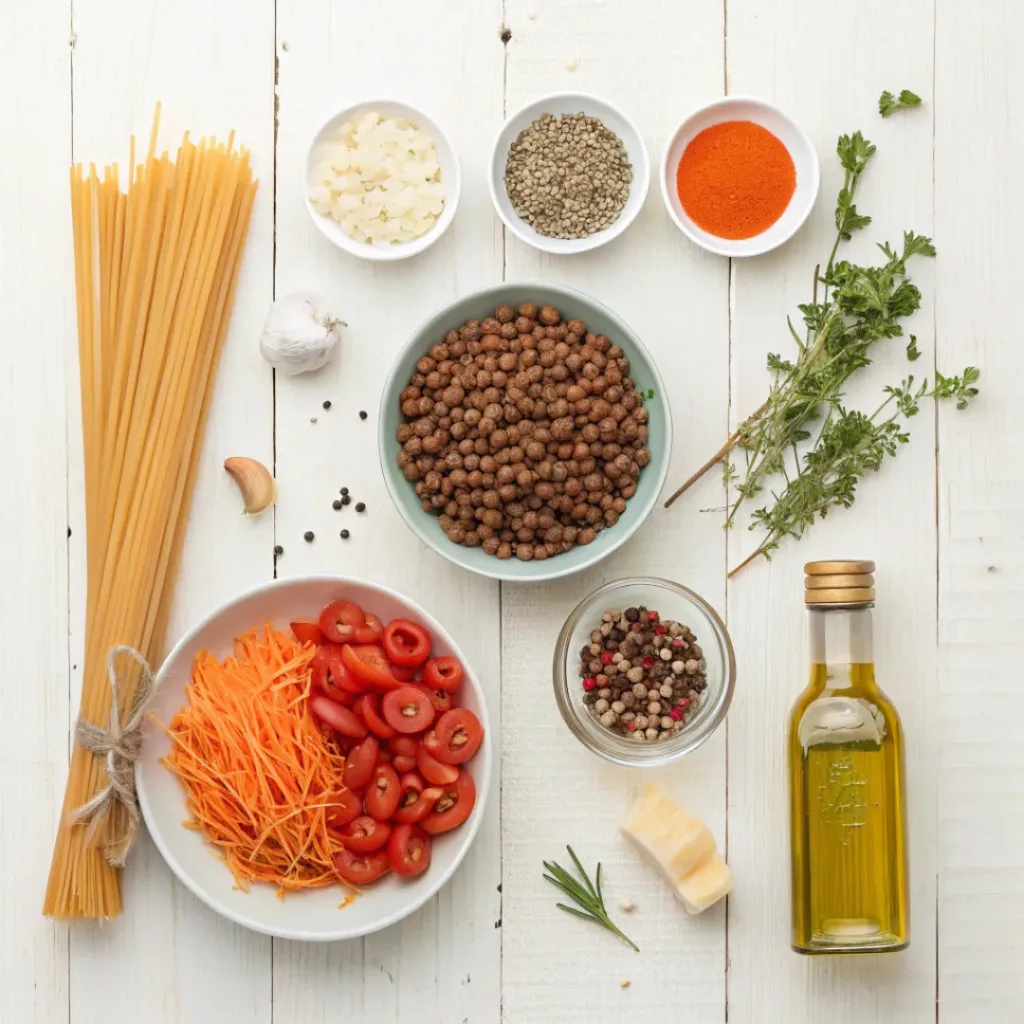 Lentil Bolognese Pasta – Hearty & Healthy Dinner 6 Flat lay of lentil Bolognese pasta ingredients