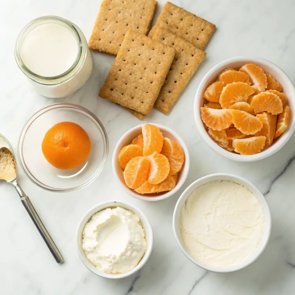 Mandarin oranges, cream cheese, graham crackers, butter, and whipped cream for cheesecake.