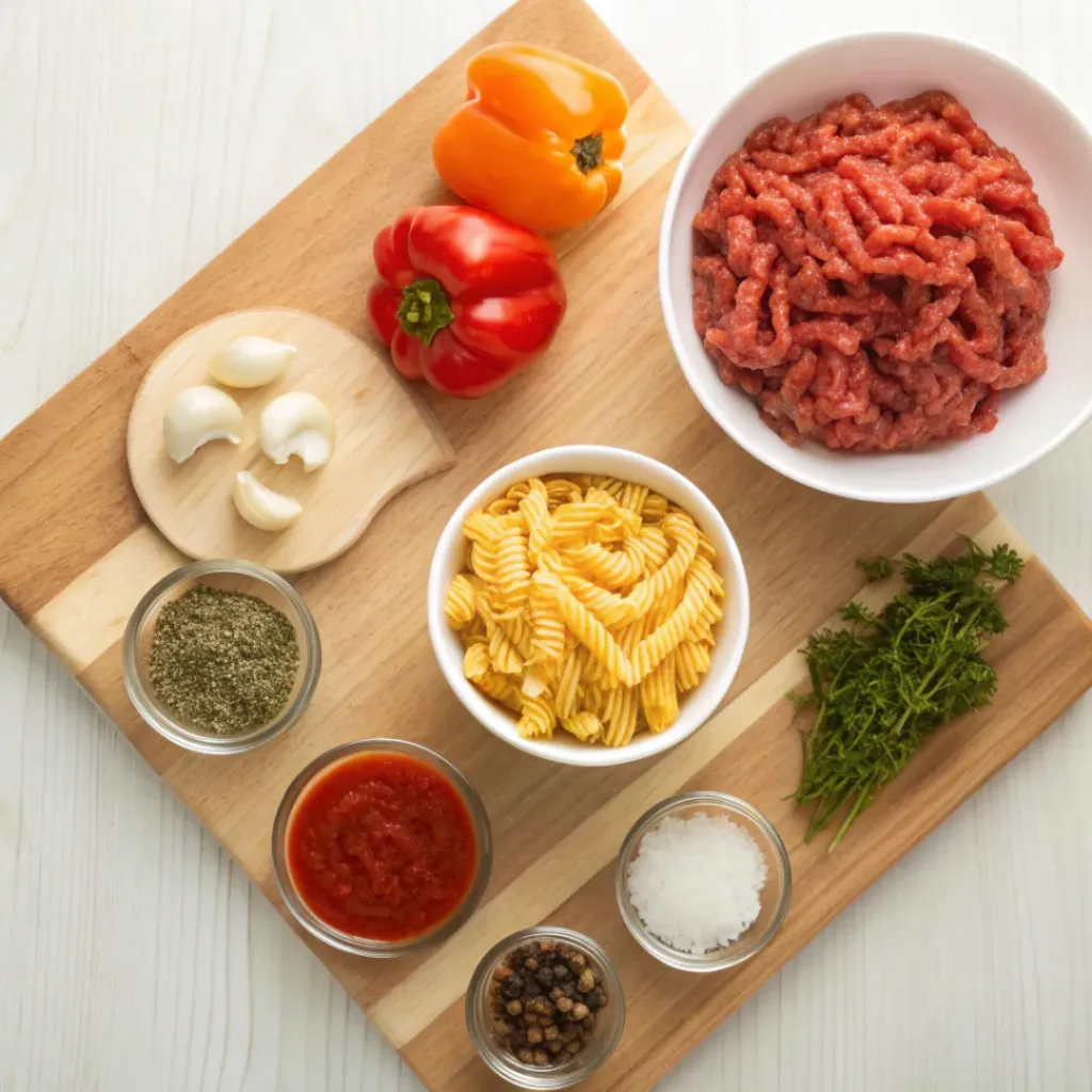 Flat lay of old fashioned goulash ingredients