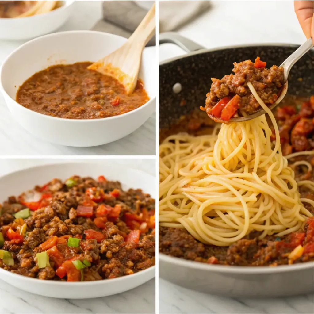 Step-by-step collage showing old fashioned goulash preparation