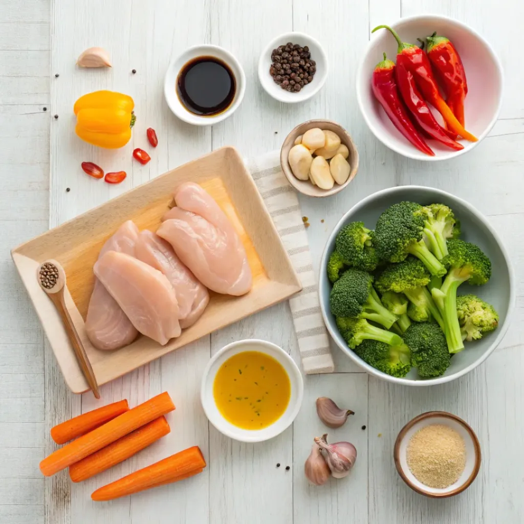 One Pan Honey Garlic Chicken and Veggies 6 Flat lay of honey garlic chicken and vegetables ingredients