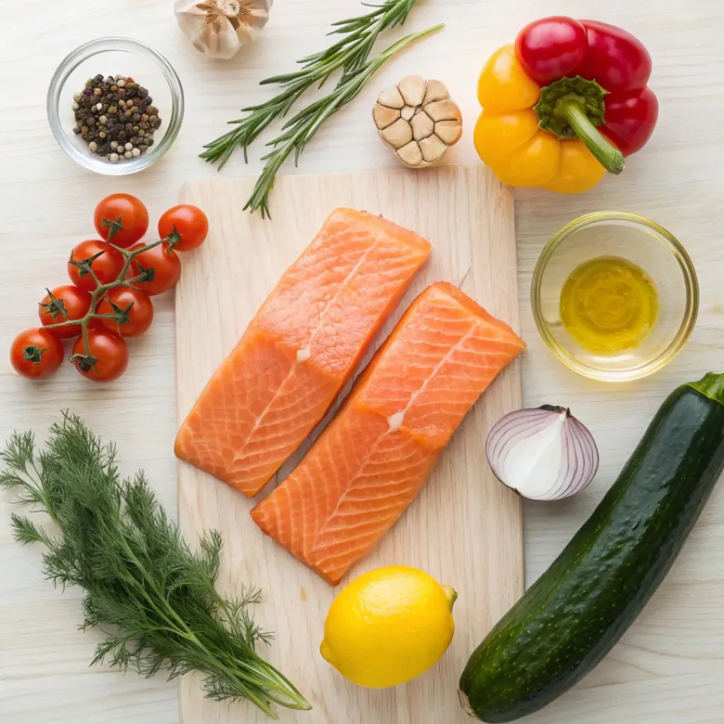 One Pan Salmon and Vegetables – Quick Healthy Dinner 6 Flat lay of ingredients for one pan salmon and vegetables