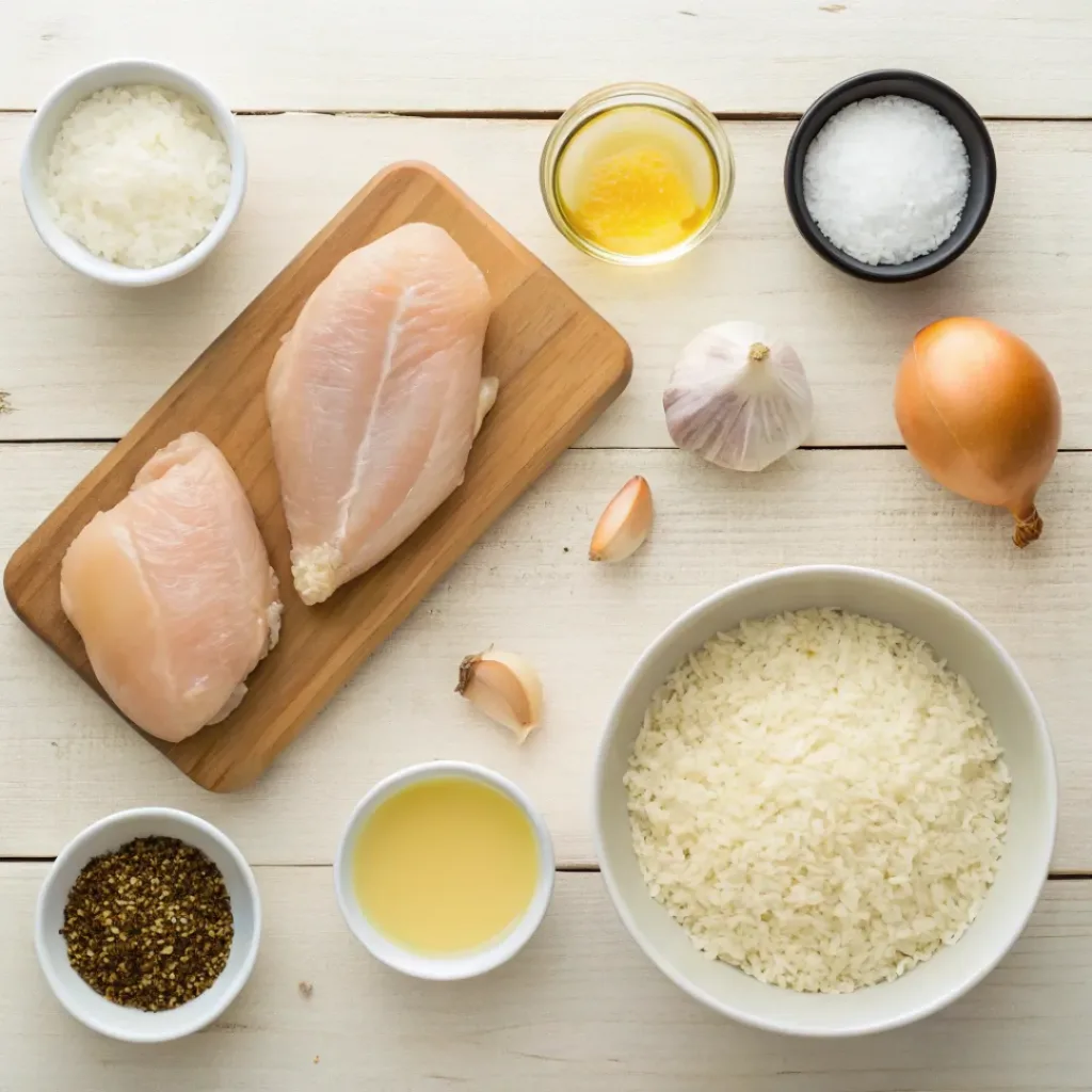 Flat lay of one pot creamy chicken and rice ingredients