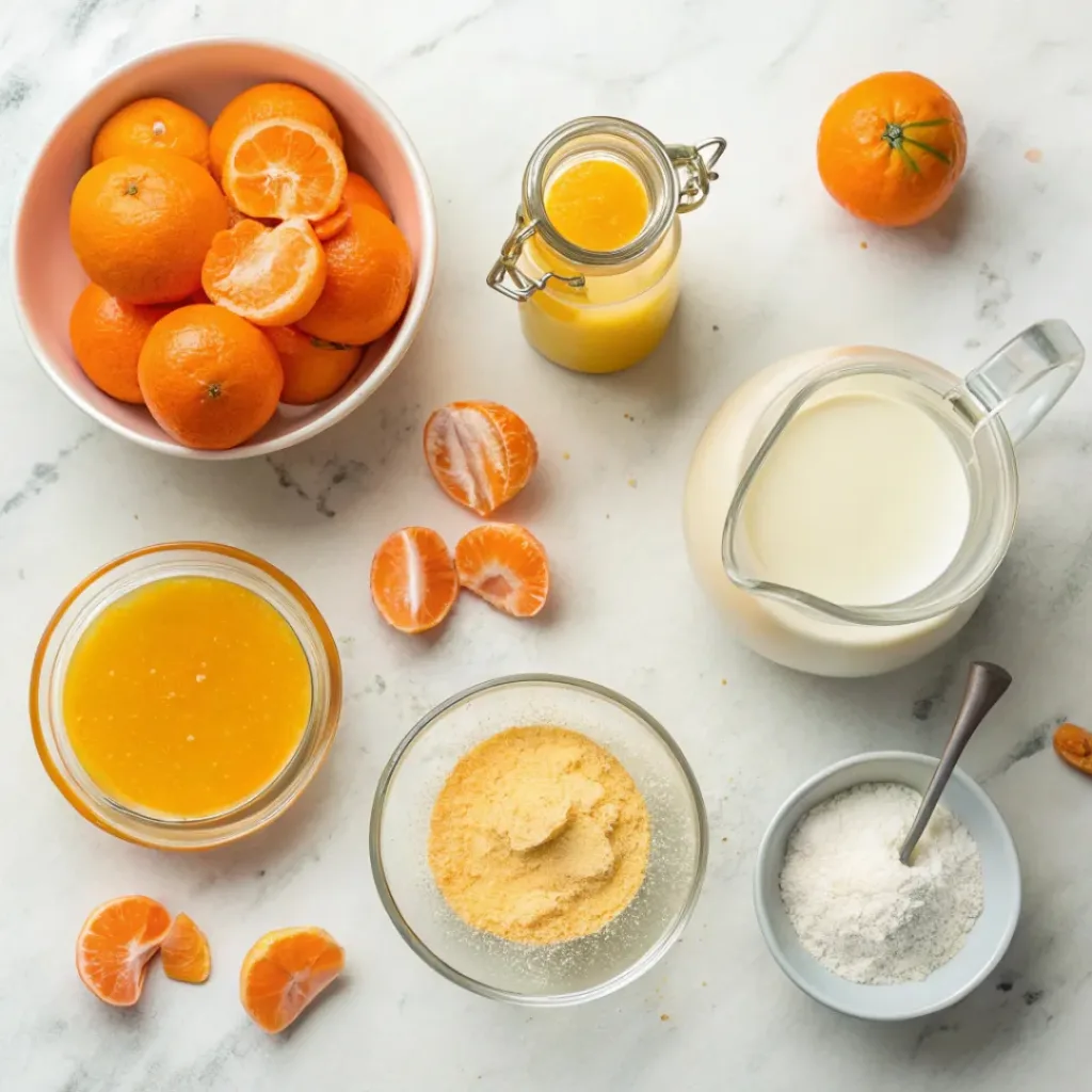 Flat lay of mandarins, cream, sugar, and citrus zest used to make orange mandarin posset.