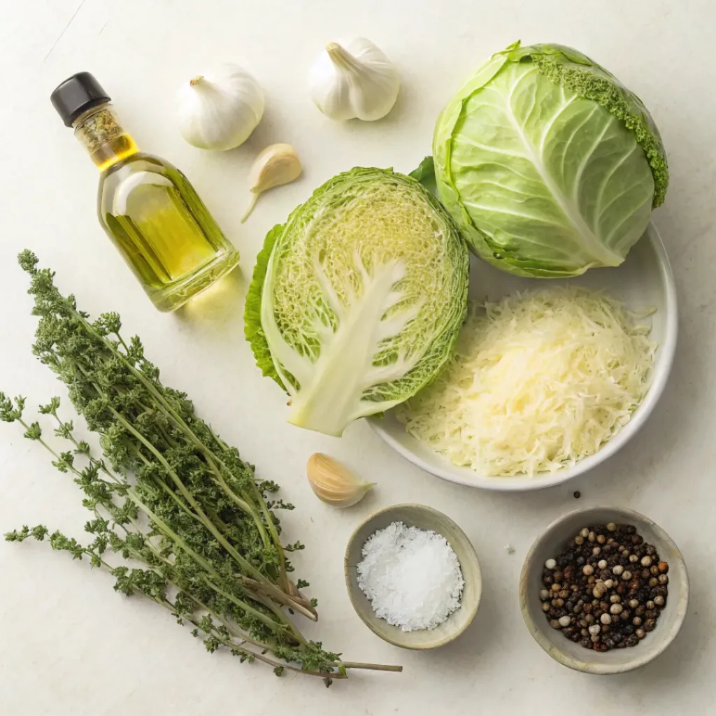 Flat lay of parmesan cabbage steak ingredients