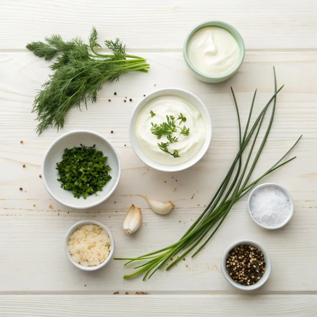 Flat lay of ingredients for homemade ranch dressing