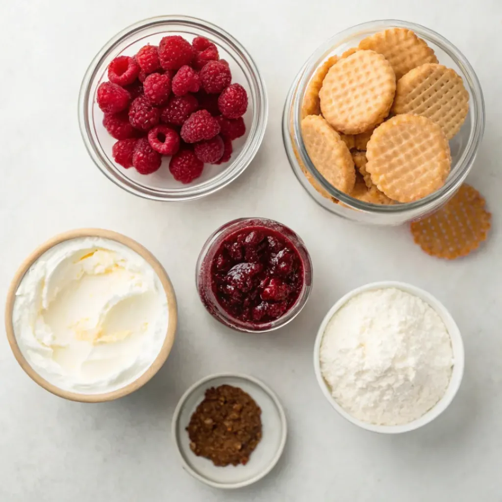 No Bake Raspberry Cheesecake Jars – Easy Make-Ahead Dessert 6 Flat lay of no bake raspberry cheesecake ingredients