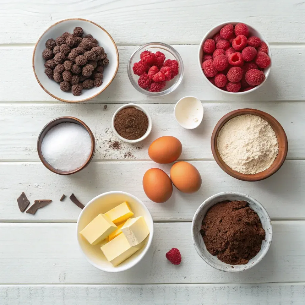 Raspberry Chocolate Lava Cupcakes – Decadent Dessert 6 Flat lay of raspberry chocolate lava cupcakes ingredients