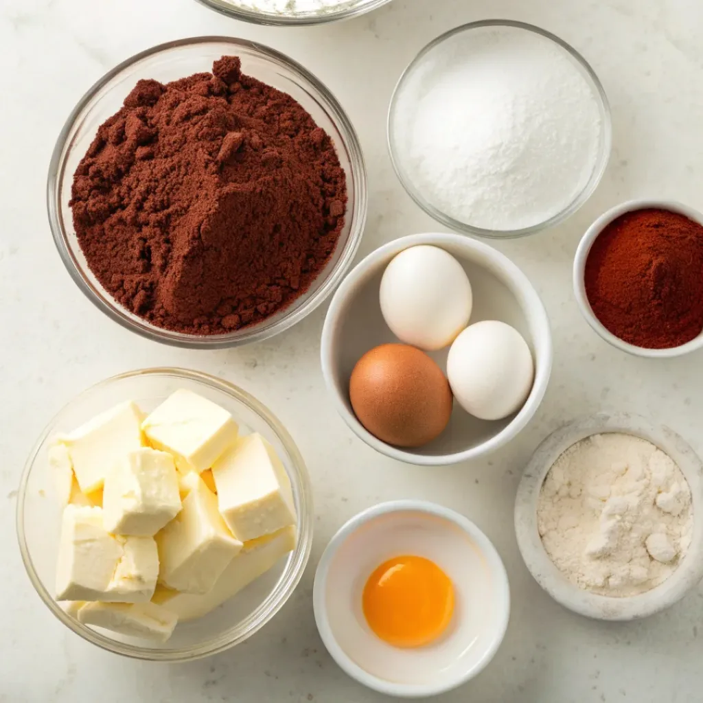 Flat lay of red velvet pancake ingredients