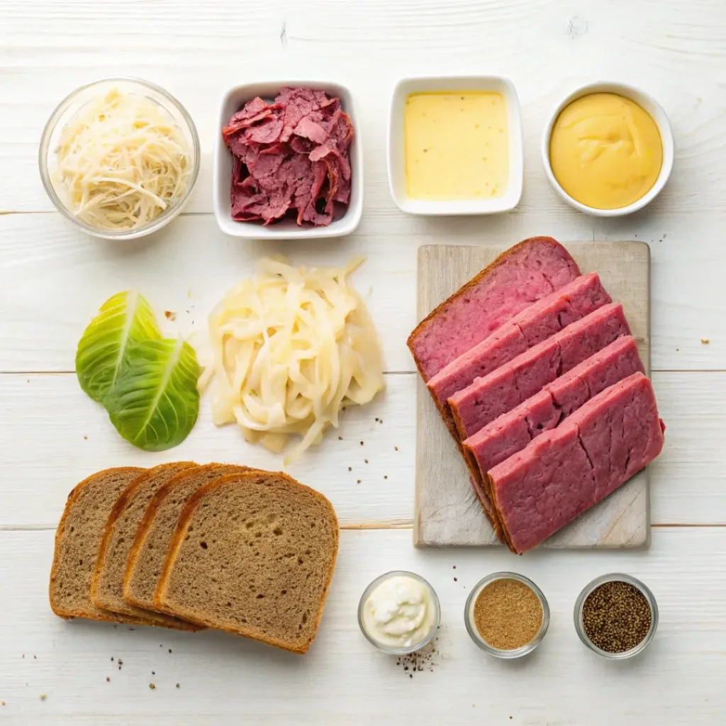 Flat lay of Reuben sandwich ingredients