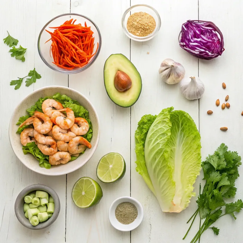 Flat lay of shrimp lettuce tacos ingredients
