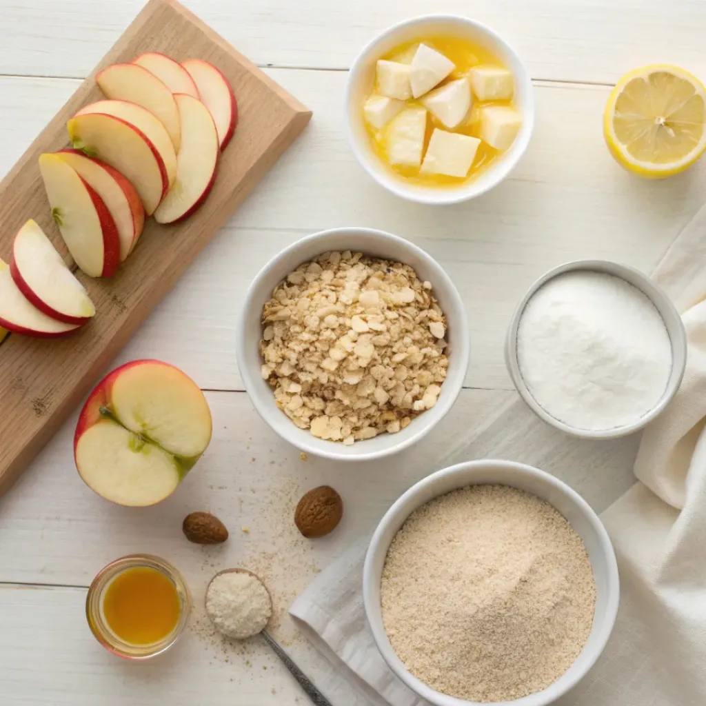 Flat lay of apple crisp ingredients with oats and apples