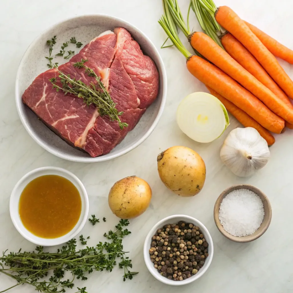 Flat lay of slow cooker pot roast ingredients