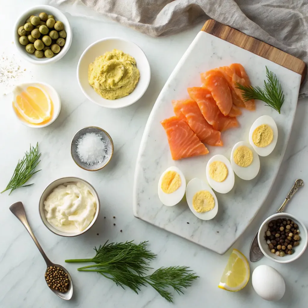 Hard-boiled eggs, cream cheese, smoked salmon, dill, and capers arranged for deviled eggs.