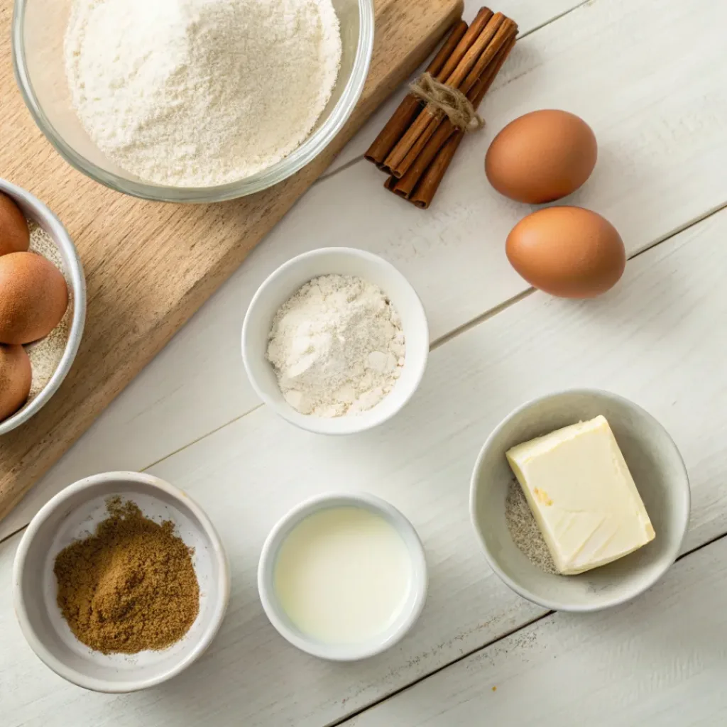 Flat lay of sourdough discard cinnamon roll ingredients