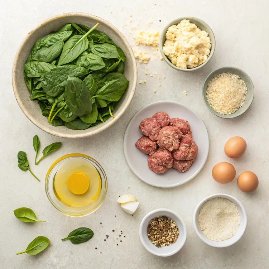 Flat lay of spinach garlic meatball ingredients