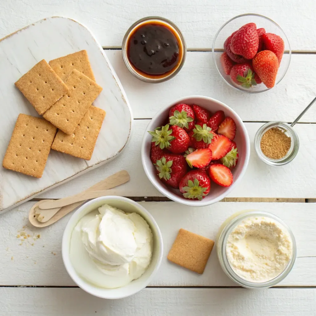 Quick Strawberry Cheesecake Dip 6 Flat lay of strawberry cheesecake dip ingredients