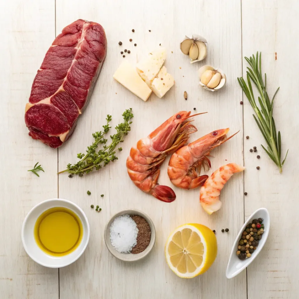 Flat lay of surf and turf ingredients