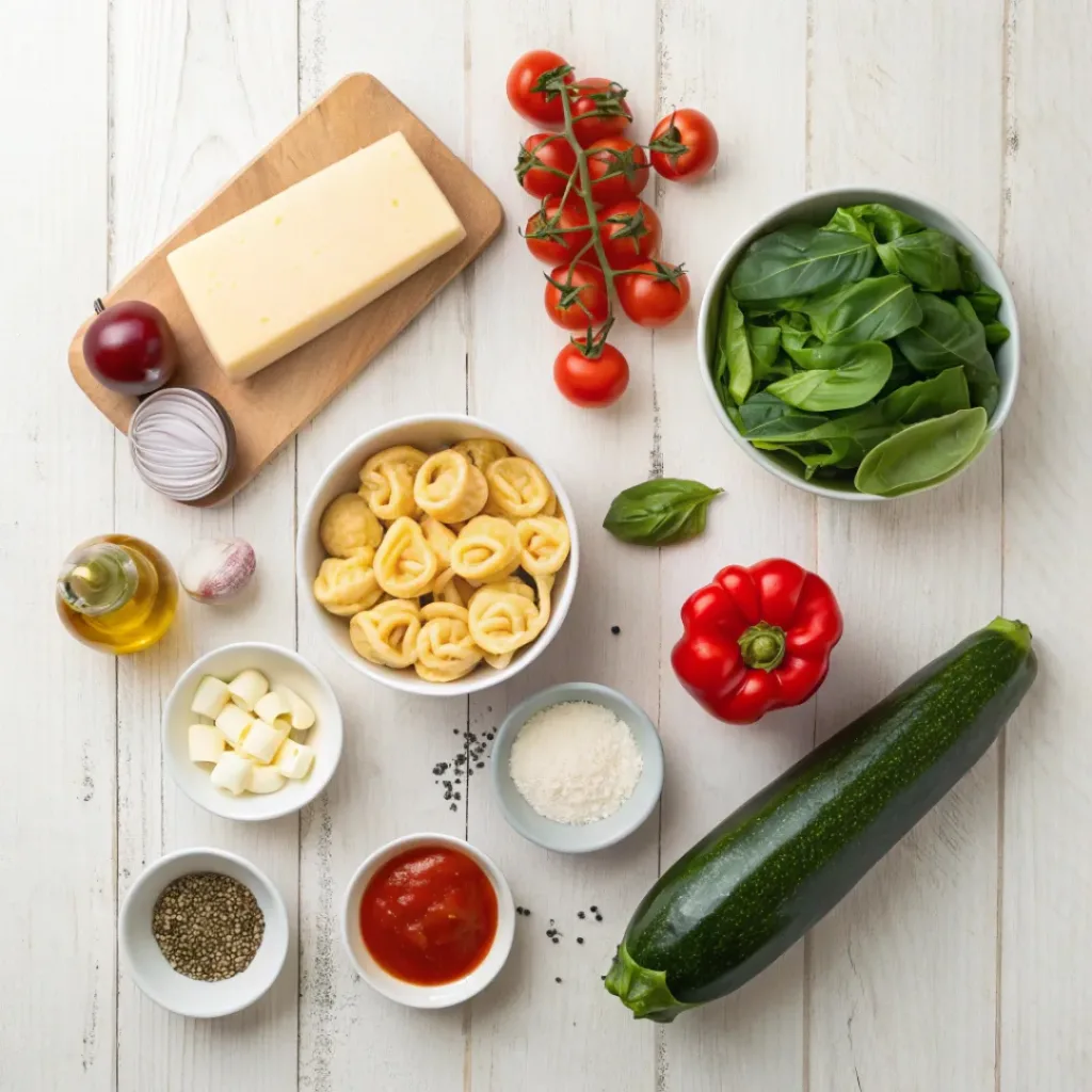 Flat lay of tortellini vegetable bake ingredients