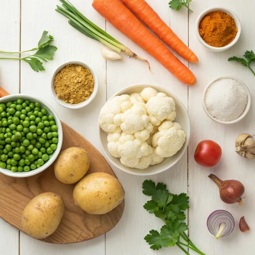 Flat lay of vegetable curry ingredients