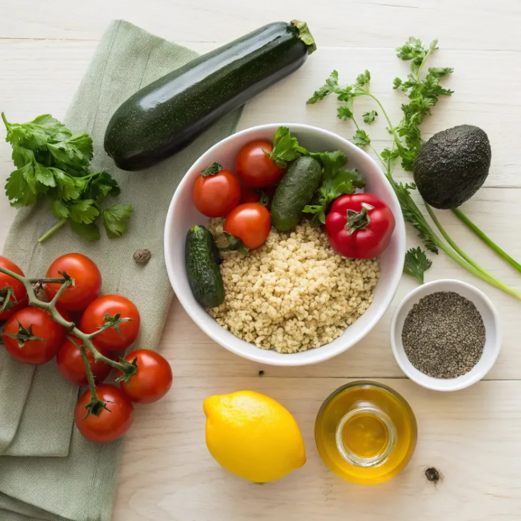 Flat lay of ingredients for a vegetable grain bowl