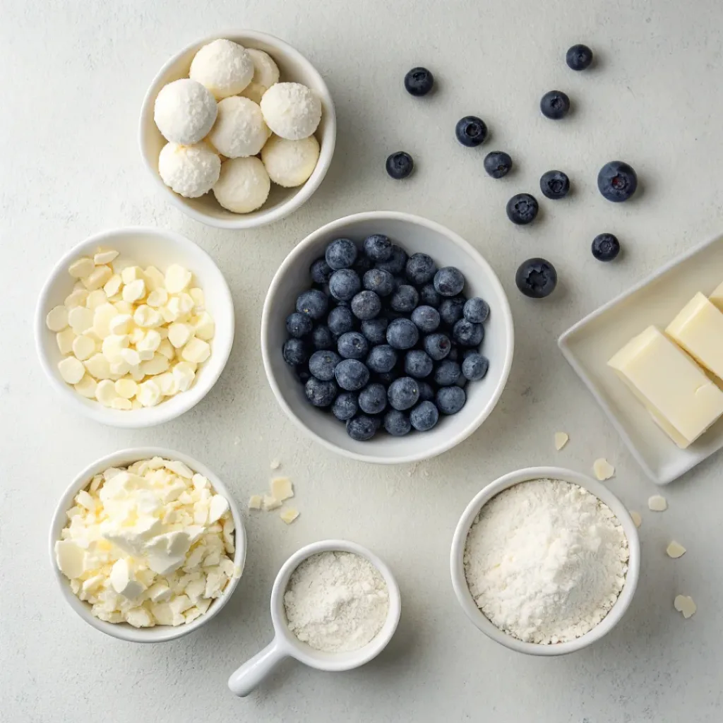 Flat lay of white chocolate blueberry truffle ingredients