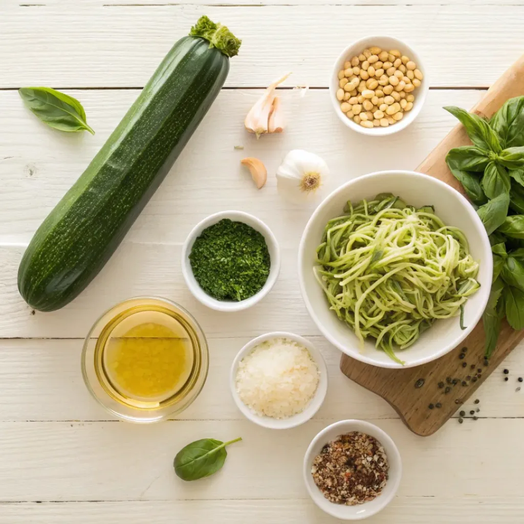 Zucchini Noodles with Pesto – Quick & Healthy Dinner 6 Flat lay of zucchini noodles and pesto ingredients