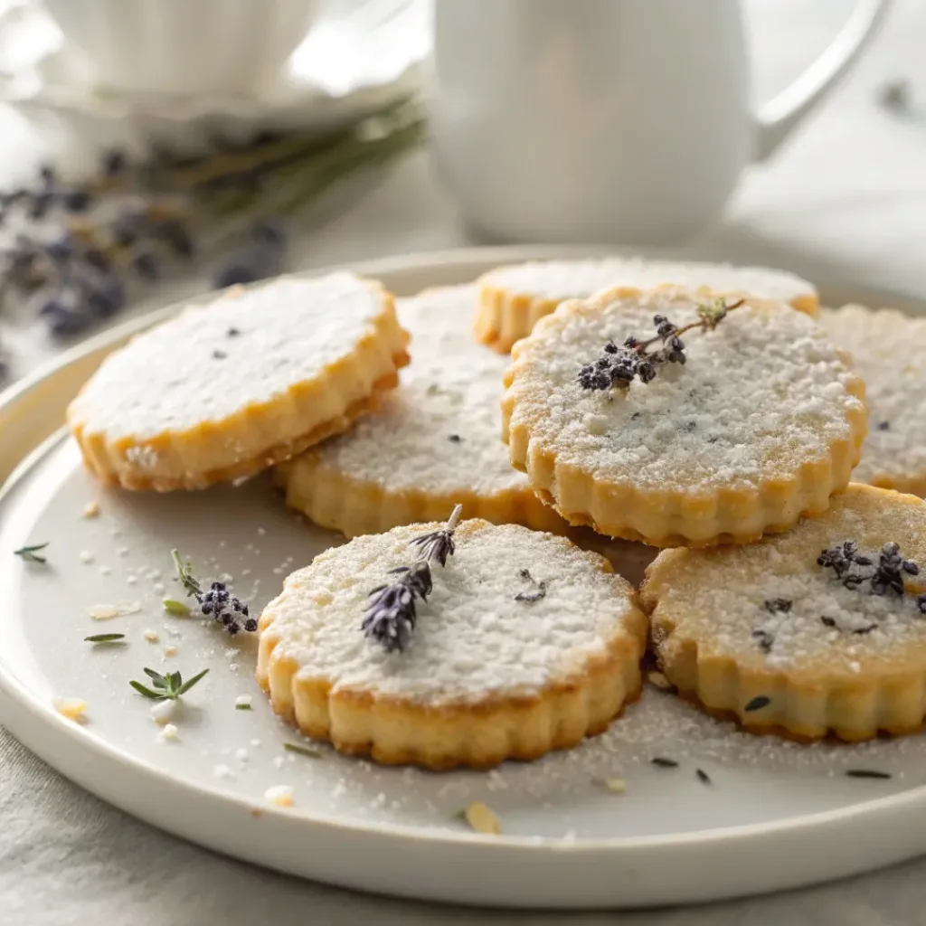 Golden lavender shortbread cookies garnished with dried lavender buds