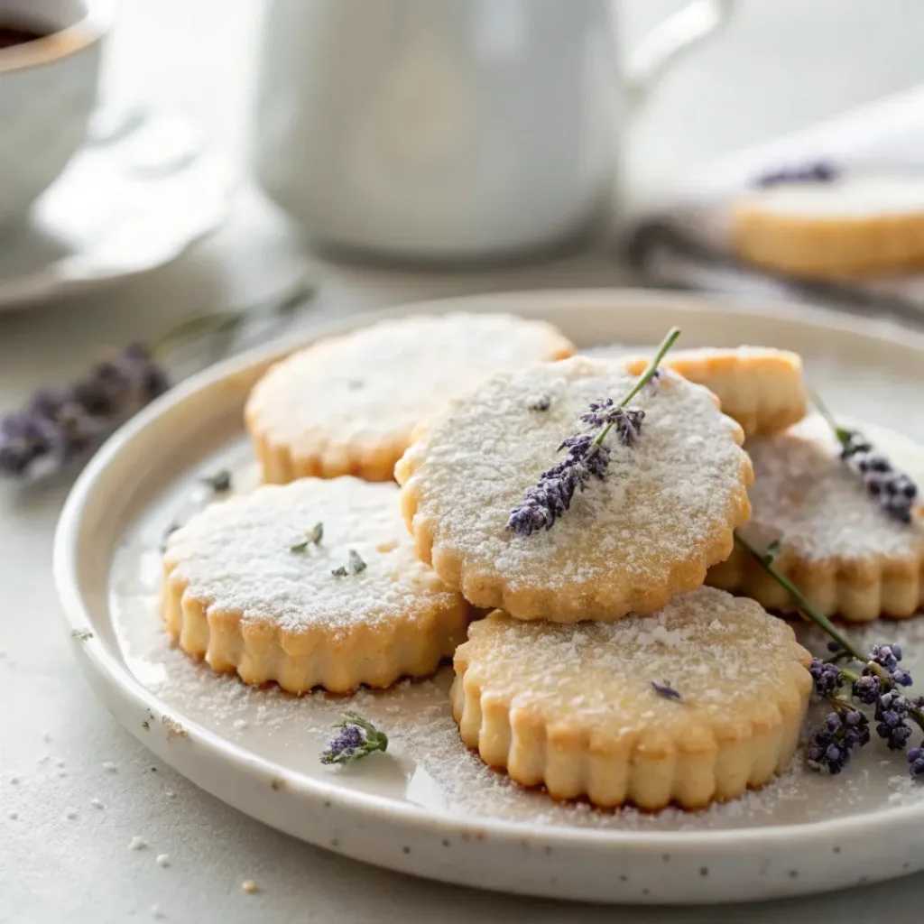 Lavender shortbread cookies served with a cup of chamomile tea