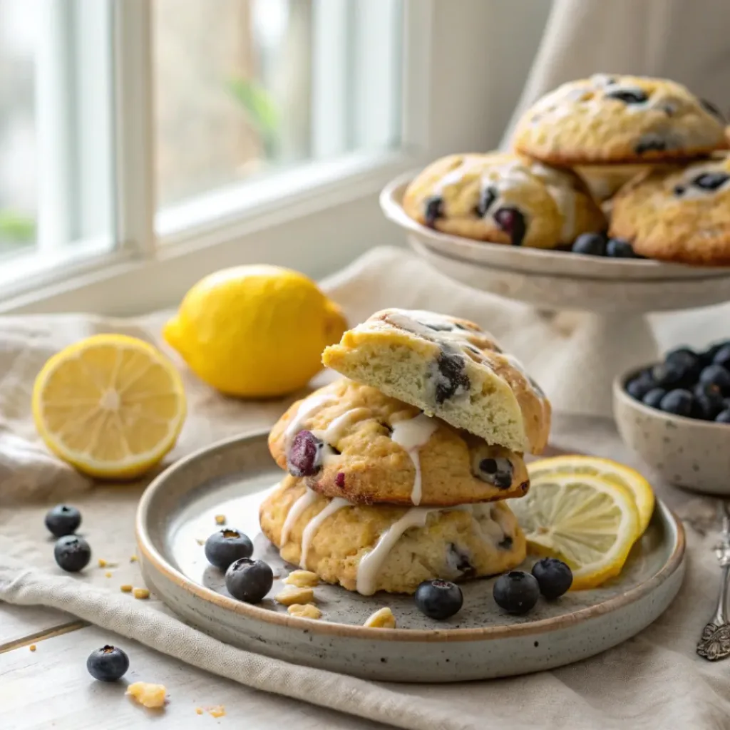 Golden lemon blueberry scones stacked on a rustic plate with lemon slices and fresh blueberries