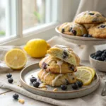 Golden lemon blueberry scones stacked on a rustic plate with lemon slices and fresh blueberries