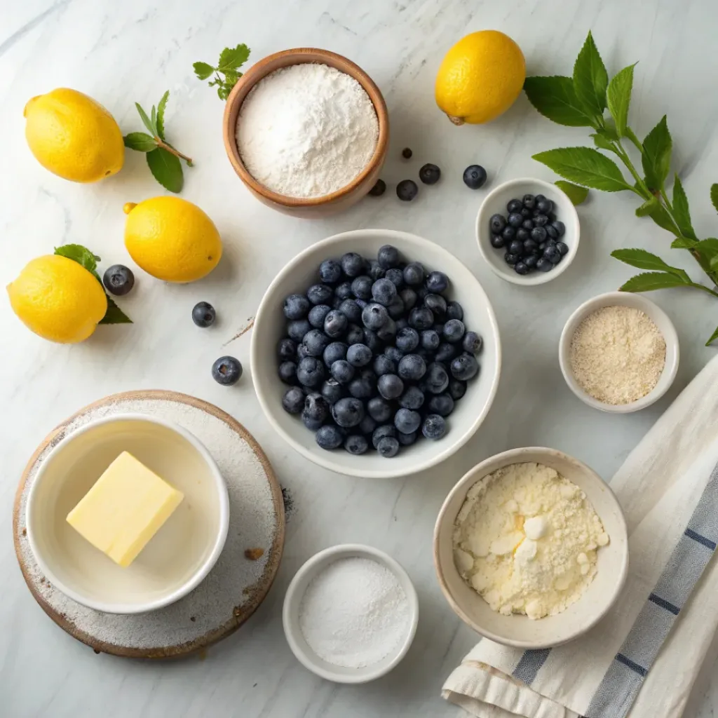 Lemon Blueberry Scones – Bright Bakery-Style Breakfast Treat 6 Top-down view of scone ingredients including flour, sugar, butter, eggs, lemons, and blueberries