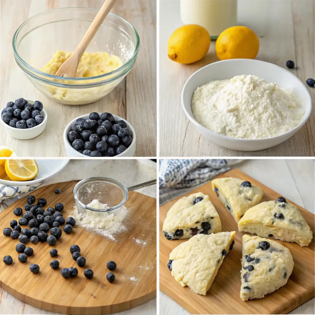 Lemon Blueberry Scones – Bright Bakery-Style Breakfast Treat 7 Collage showing four steps to make lemon blueberry scones: mixing, cutting butter, folding blueberries, shaping dough