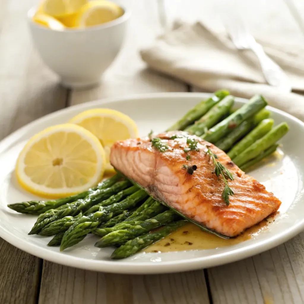 Lemon butter asparagus served as a side with grilled salmon