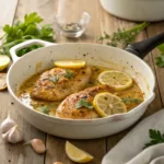 Golden chicken breasts in lemon garlic butter sauce