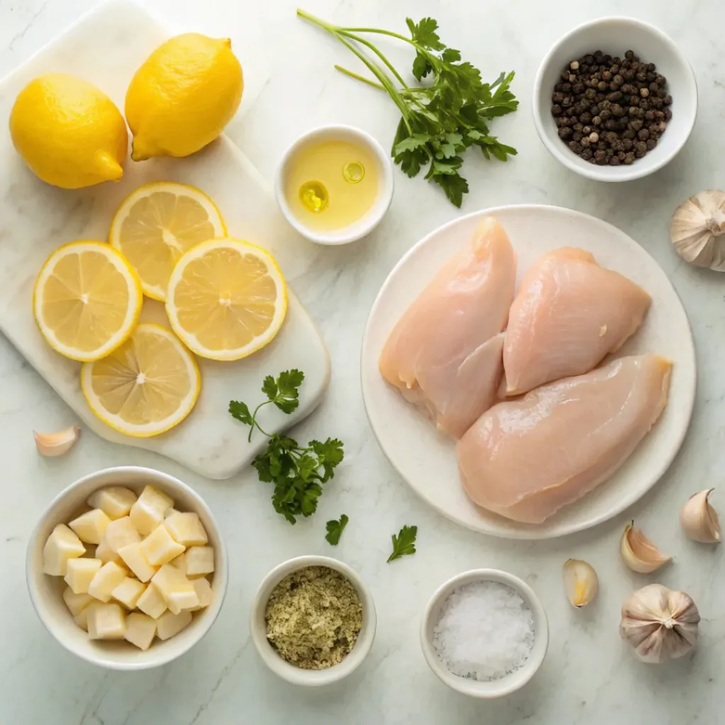 Chicken, lemon, garlic, butter, and parsley ingredients