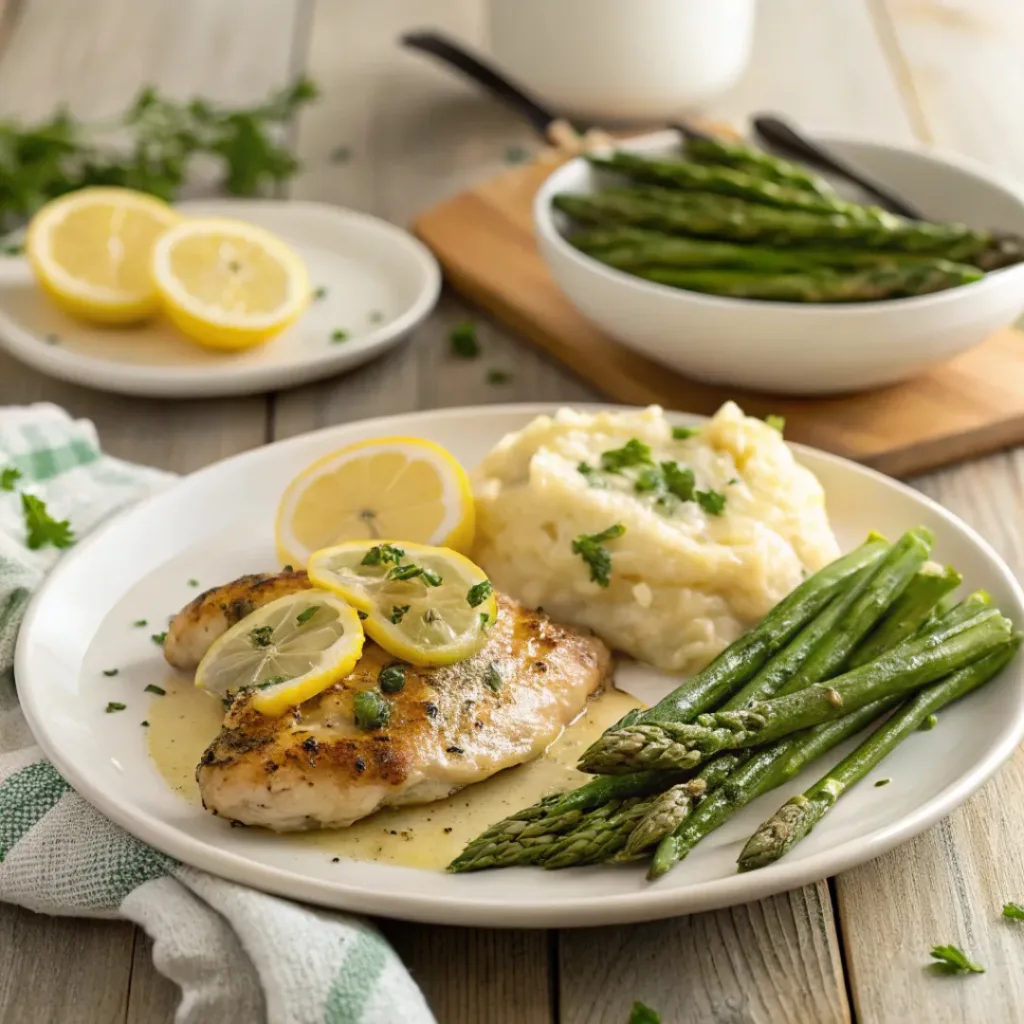 Lemon garlic butter chicken served with asparagus and potatoes