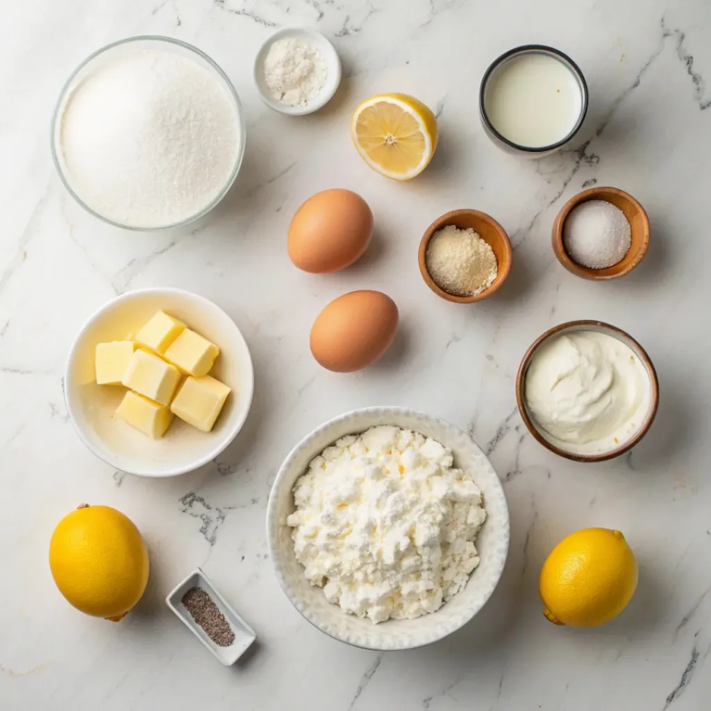 Flat lay of lemon ricotta pancake ingredients