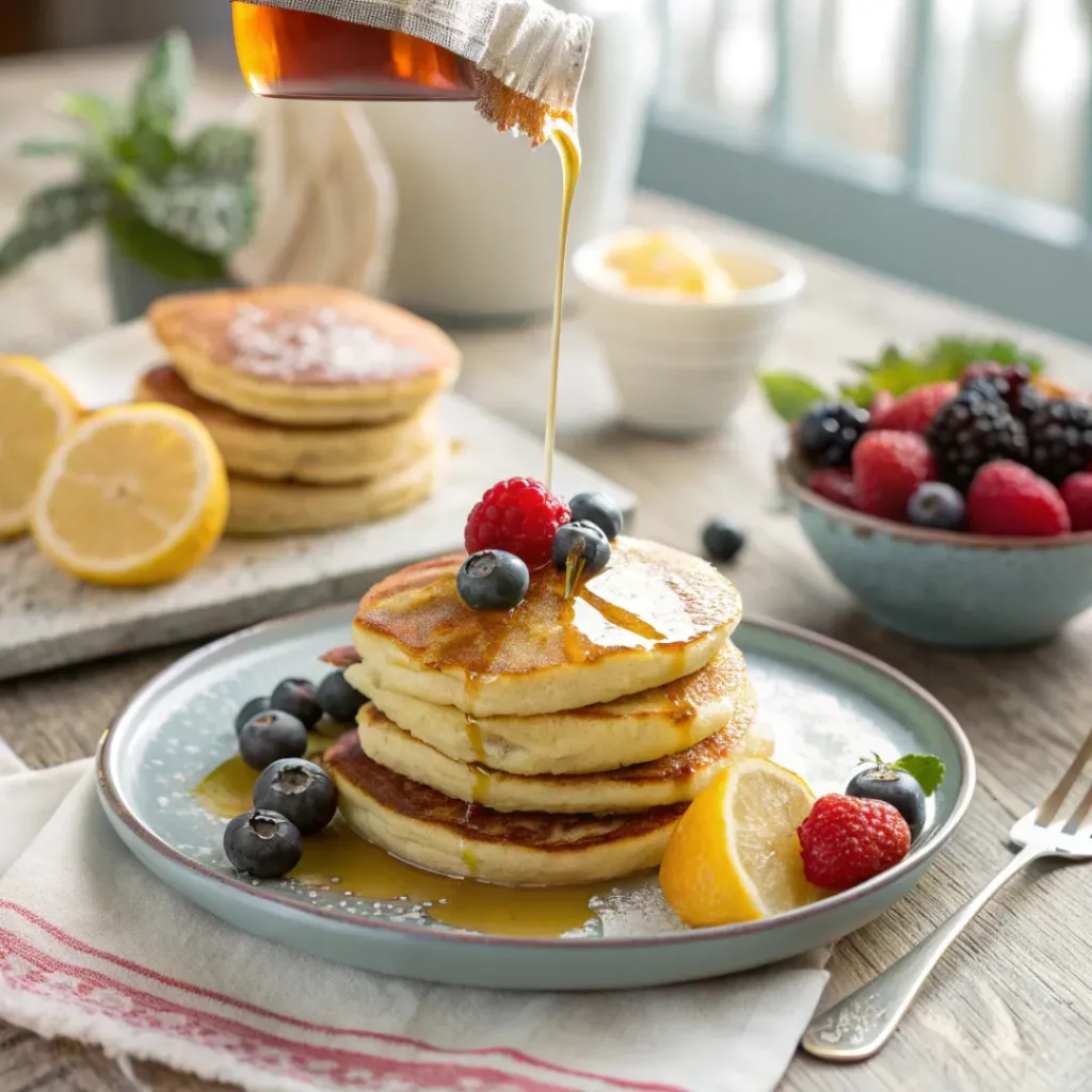Lemon ricotta pancakes served with syrup