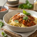 Bowl of lentil Bolognese pasta with fresh basil