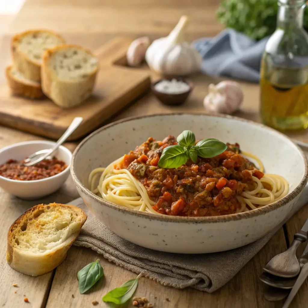Lentil Bolognese Pasta – Hearty & Healthy Dinner 8 Lentil Bolognese pasta served with garlic bread and basil