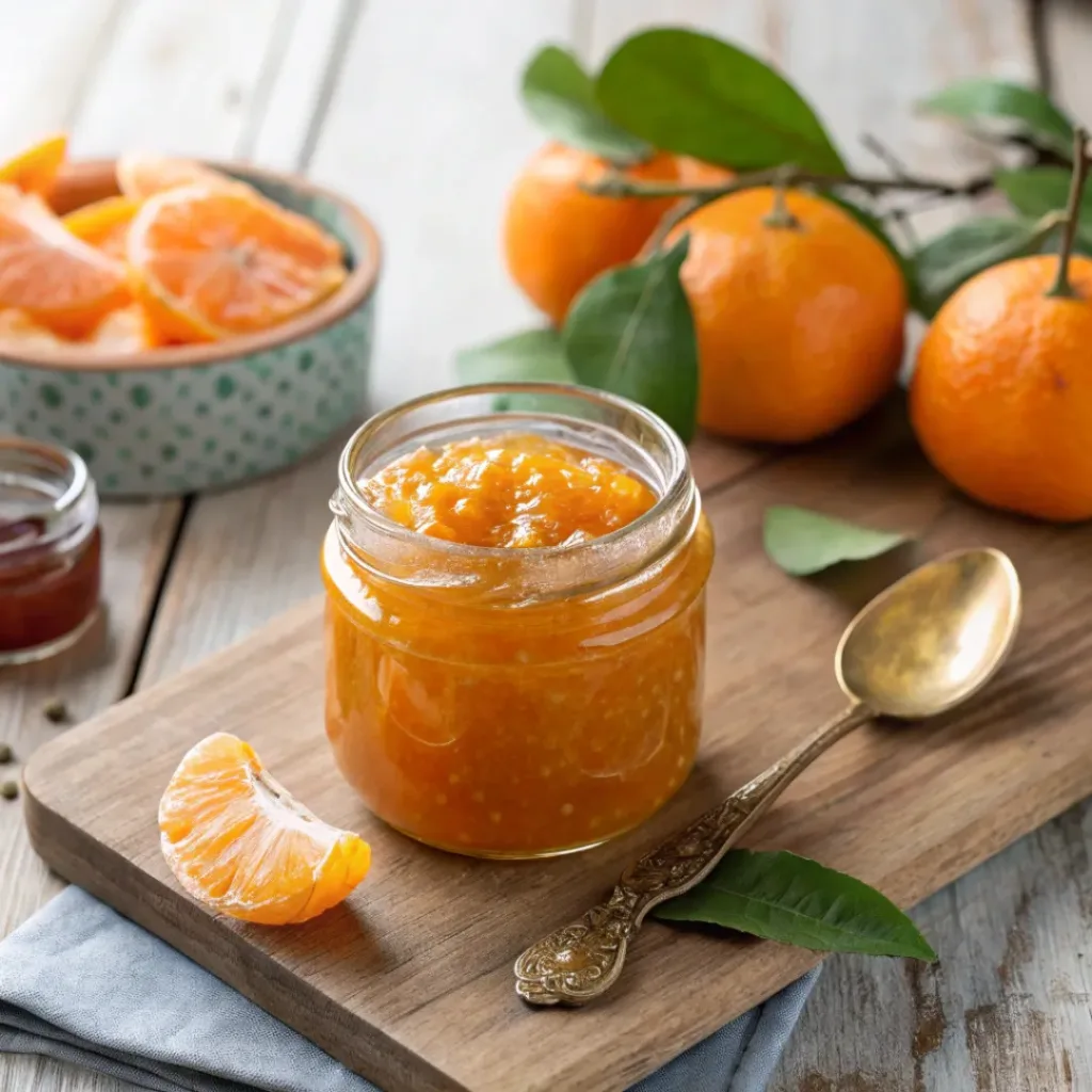 Bright orange mandarin jam in a glass jar with fresh mandarins.