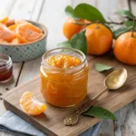 Bright orange mandarin jam in a glass jar with fresh mandarins.