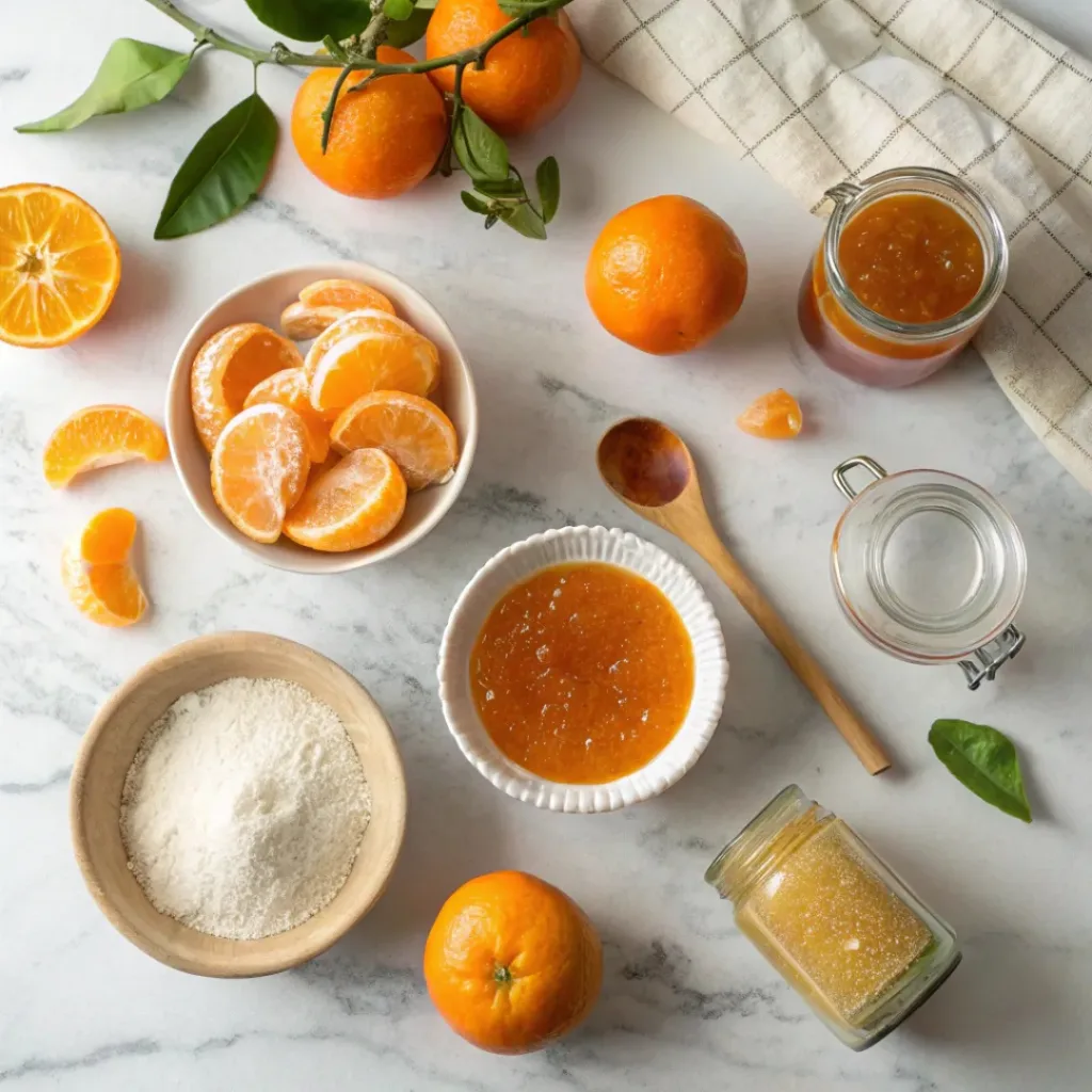 Fresh mandarins, sugar, lemon, and jars arranged for making mandarin jam.