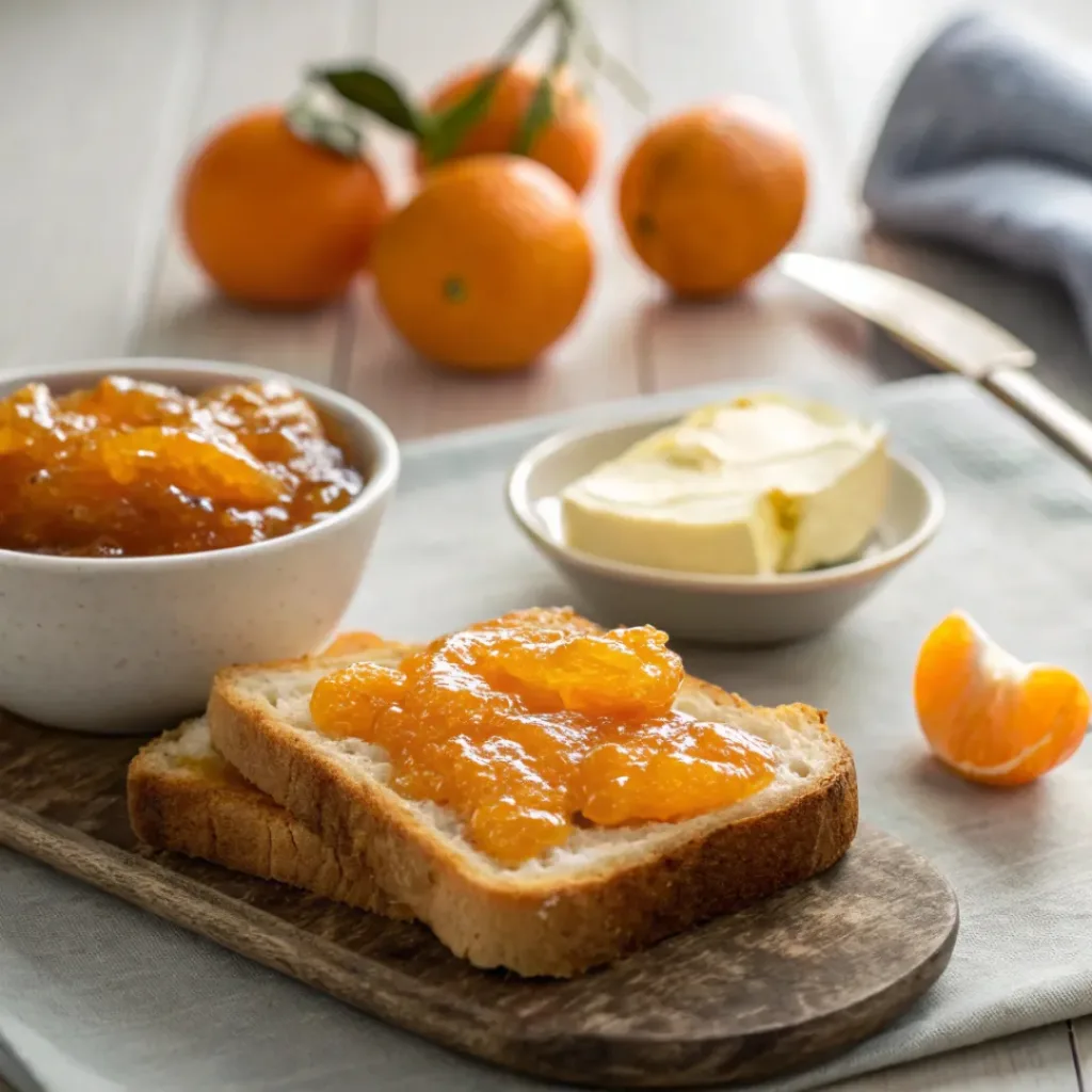 Mandarin jam spread on toast with fresh mandarins nearby.